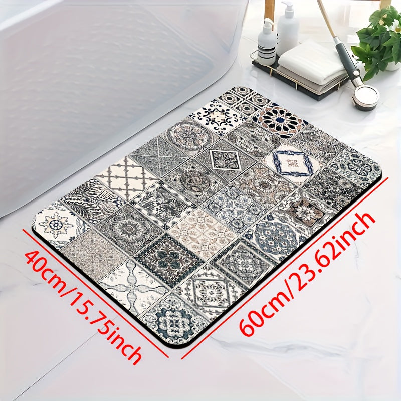 1pc Diatomite Bath Mat, Classic Retro Tile Pattern Print Design, Quick-Dry & Non-Slip Absorbent Floor Mat, Soft and Comfortable for Bathroom, Shower, Laundry Room, Bedroom, Doorway, Kitchen Rug, RV Bathroom