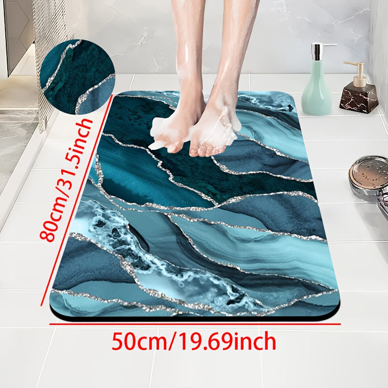 1pc Diatomite Bath Mat with Ocean Blue and Silvery Artistic Pattern Print, Quick-Dry Non-Slip Absorbent Floor Mat – Soft & Comfortable for Bathroom, Shower, Laundry Room, Bedroom, Doorway, RV Kitchen Rug, Bathroom Rugs, Non Slip Bathtub Mat, Bath Matts
