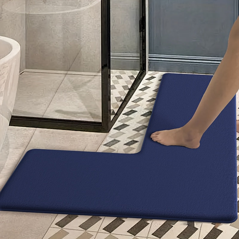 Luxurious Dark Blue Flannel Bath Mat - Absorbent, Non-Slip, L-Shaped Shower Door Mat for Bathroom Safety, Soft and Plush Texture, Perfect for Modern Bathrooms, Bathroom Mat