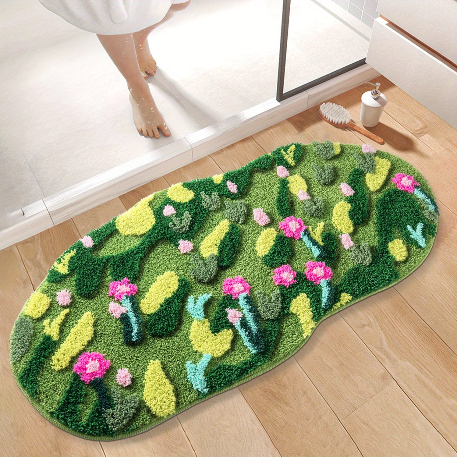 Green Moss Bathroom Rugs Bath Mat Non Slip, Ultra Soft Absorbent Aesthetic Decor Shaggy Tufted Flower Long Bath Rugs For Bathroom Floor, Shower, Bedroom, Machine Washable Dry
