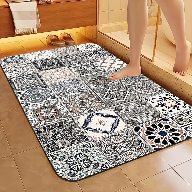 1pc Diatomite Bath Mat, Classic Retro Tile Pattern Print Design, Quick-Dry & Non-Slip Absorbent Floor Mat, Soft and Comfortable for Bathroom, Shower, Laundry Room, Bedroom, Doorway, Kitchen Rug, RV Bathroom