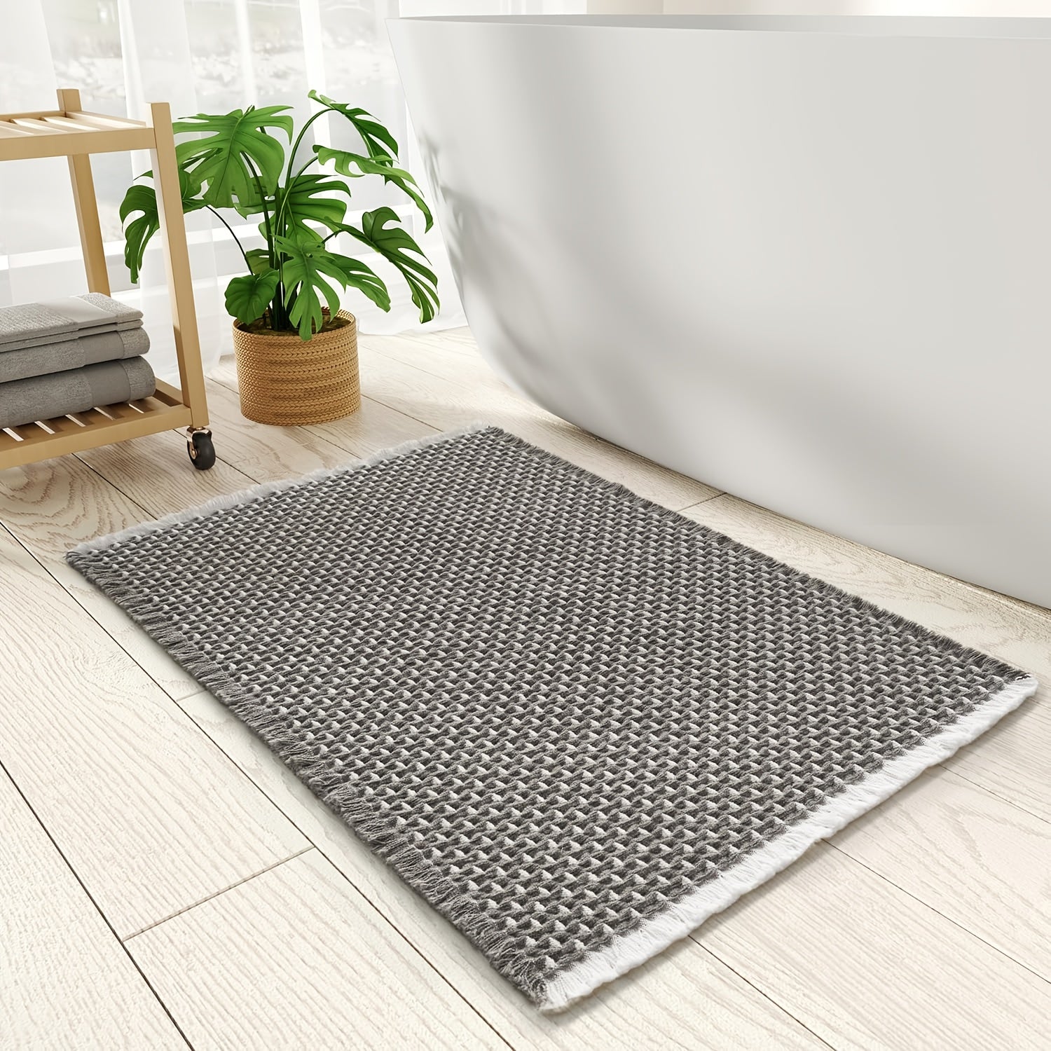 SIXHOME Braided Polyester Bath Mat - Soft, Non-Slip, Ultra-Absorbent, Machine Washable, Rectangular Bathroom Mat with Geometric Pattern, Light Brown, Bathroom Floor Mat|Geometric Pattern Mat|Soft Texture Mat, Bathroom Mat