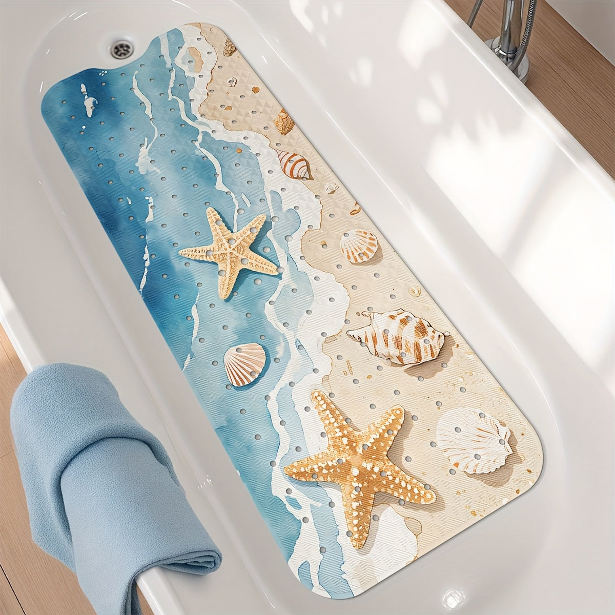 1pc DAJIANG Beach Starfish Print Non-Slip Shower Mat - PVC Bath Mat with Ocean Waves & Seashells Design, Blue & White, Perfect for Bathroom, Bathtub, and Shower Safety, Bathtub Mat