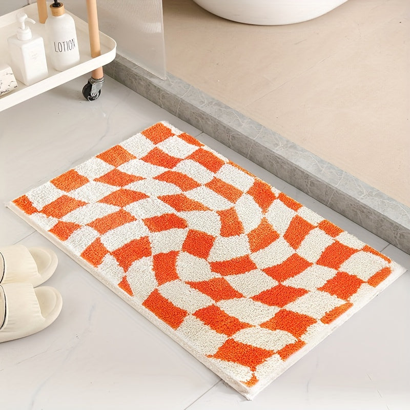 [Non-Slip Bath Rug] Non-Slip, Machine Washable 1pc Checkered Bath Rug | Plush Polyester Bathroom Mat with Black & White Geometric Pattern, 2cm Thick Durable Floor Mat for Shower, Sink & Toilet Areas