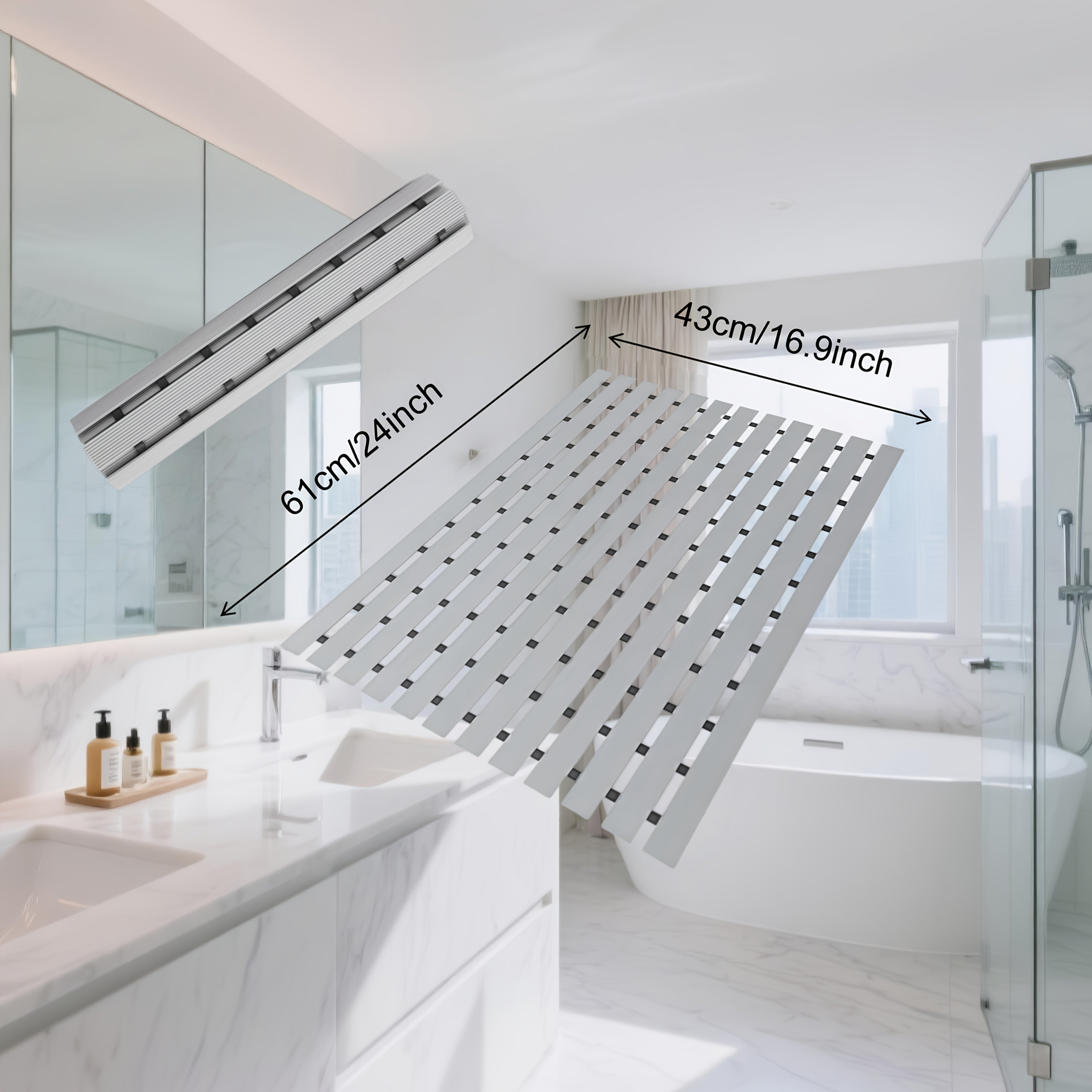Non-Slip Shower Mat with Suction Cups and Drainage Holes - Quick-Dry Hard Stripe Design | Cut to Any Size 17"x24" (43x60cm) | Suitable for Wet and Slippery Floors in Showers and Bathtubs | Durable White and Gray, Easy-to-Clean Bathroom Mat, Shower Mats