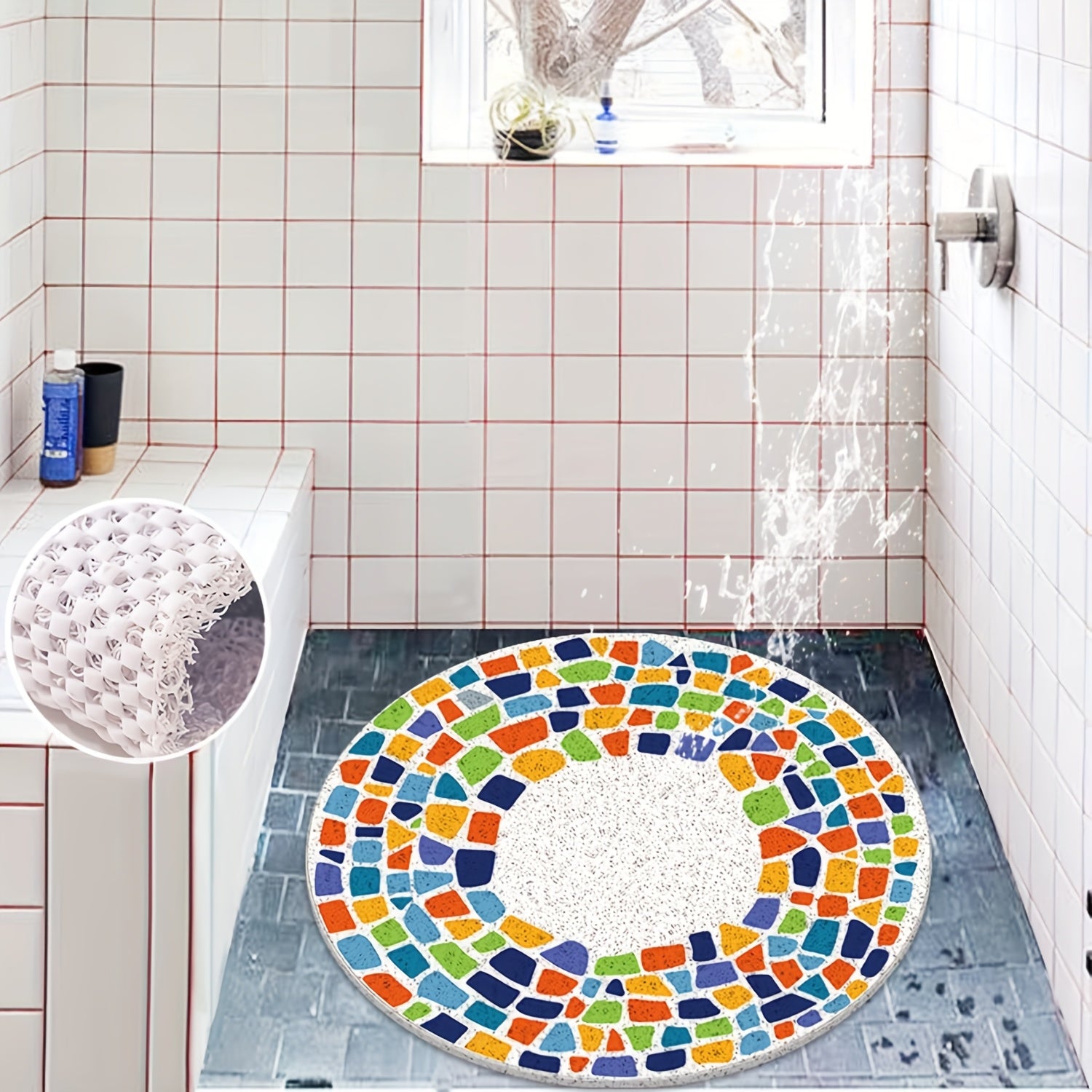 Non-Slip Shower Mat with Drain Holes - Quick-Dry Bath, Anti-Slip Bathroom Floor Mat, Soft Cushioned PVC Bath Mat for Shower, Bathtub, Kitchen - Easy Clean Bathroom Safety Mat, Mosaic Design, Elderly Care