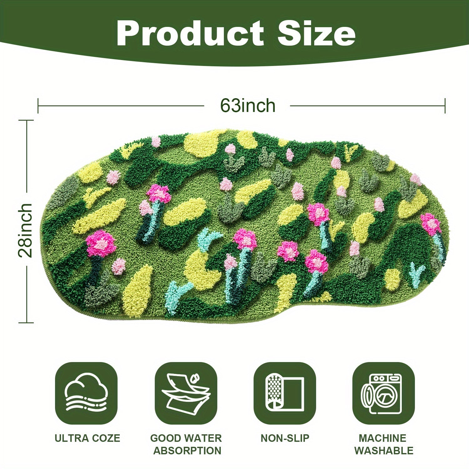 Green Moss Bathroom Rugs Bath Mat Non Slip, Ultra Soft Absorbent Aesthetic Decor Shaggy Tufted Flower Long Bath Rugs For Bathroom Floor, Shower, Bedroom, Machine Washable Dry