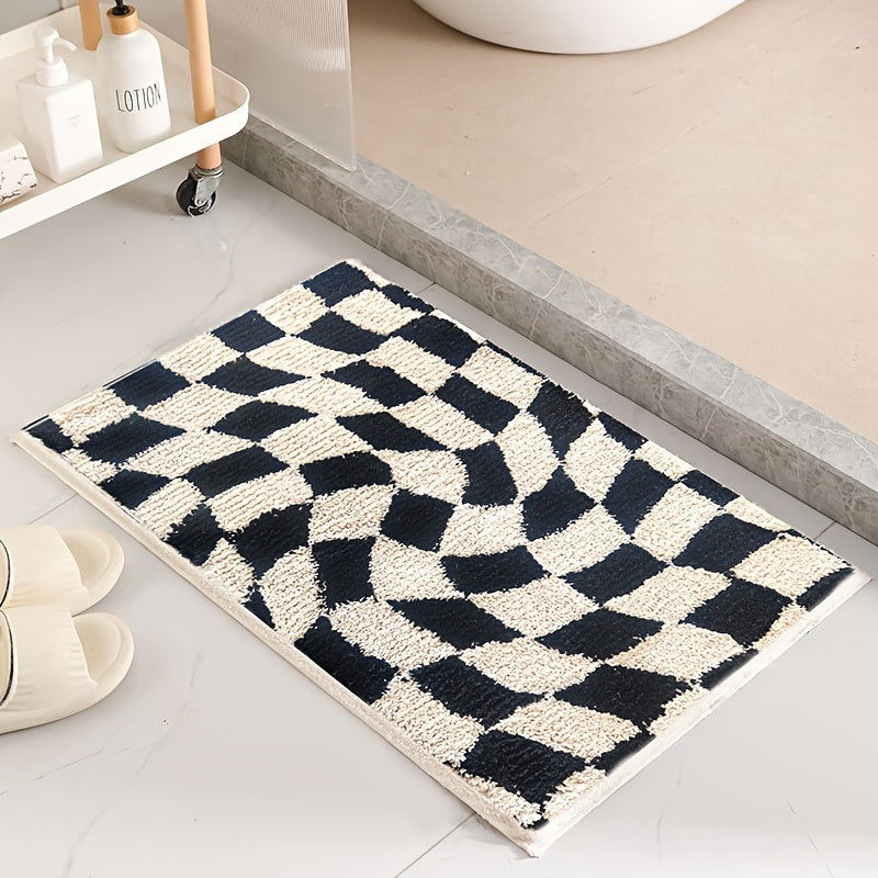 [Non-Slip Bath Rug] Non-Slip, Machine Washable 1pc Checkered Bath Rug | Plush Polyester Bathroom Mat with Black & White Geometric Pattern, 2cm Thick Durable Floor Mat for Shower, Sink & Toilet Areas