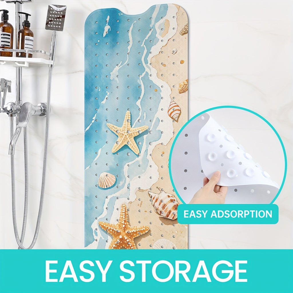 1pc DAJIANG Beach Starfish Print Non-Slip Shower Mat - PVC Bath Mat with Ocean Waves & Seashells Design, Blue & White, Perfect for Bathroom, Bathtub, and Shower Safety, Bathtub Mat