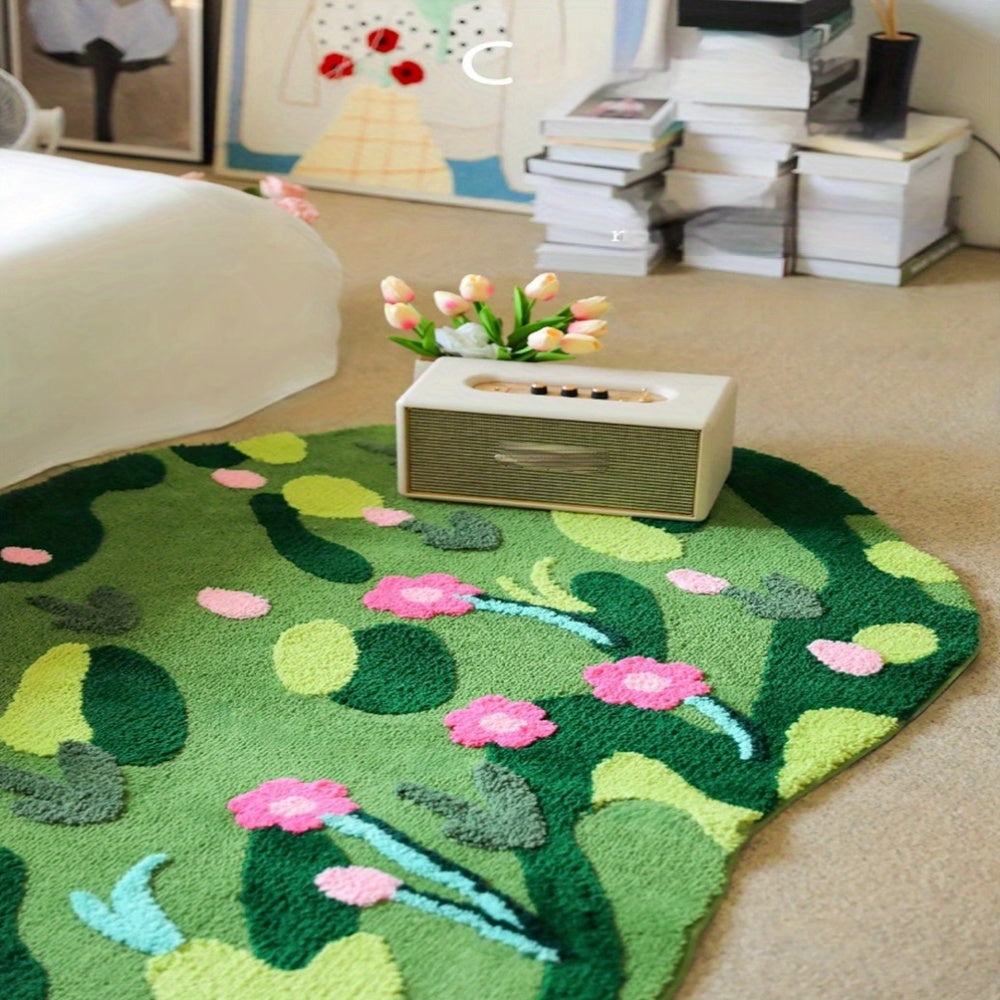 Green Moss Bathroom Rugs Bath Mat Non Slip, Ultra Soft Absorbent Aesthetic Decor Shaggy Tufted Flower Long Bath Rugs For Bathroom Floor, Shower, Bedroom, Machine Washable Dry