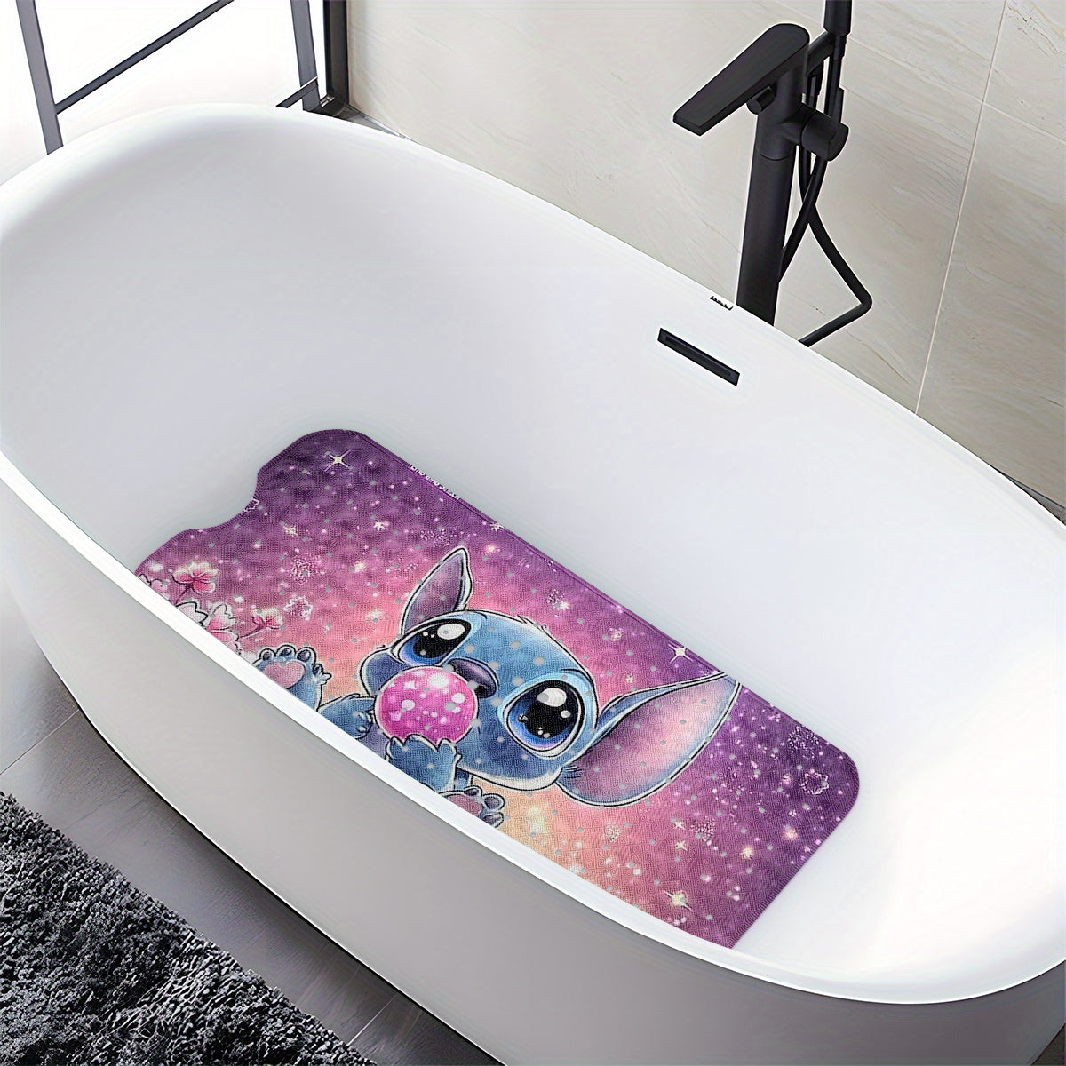 Stitch Pink Purple Sky Background Stars & Heart Cartoon Style Bathtub Mat - Non-Slip PVC Water-Absorbent Soft Bath Mats for Bathroom, 15.7x39.3 Inches, Machine Washable