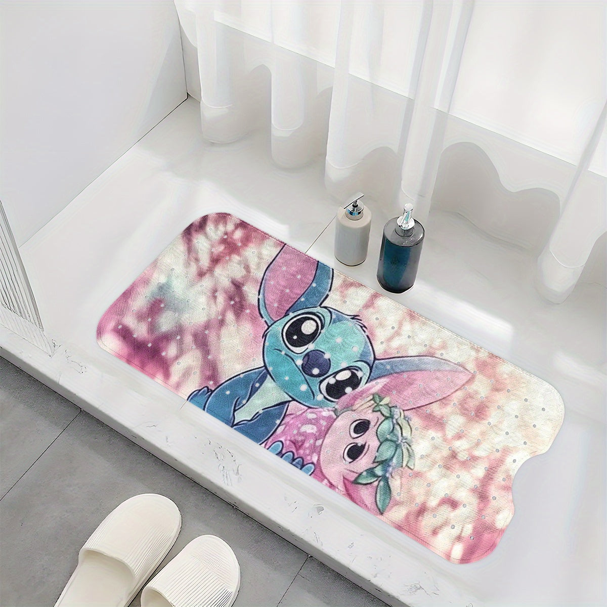 Stitch, Pink and Purple Tone Cartoon Style Bathtub Mat - Non-Slip Bathroom Bath Mats for Shower Floor - 40x100cm / 15.7x39.3in, Extra Long Soft Water-Absorbent Anti-Skid Tub Mat Collection