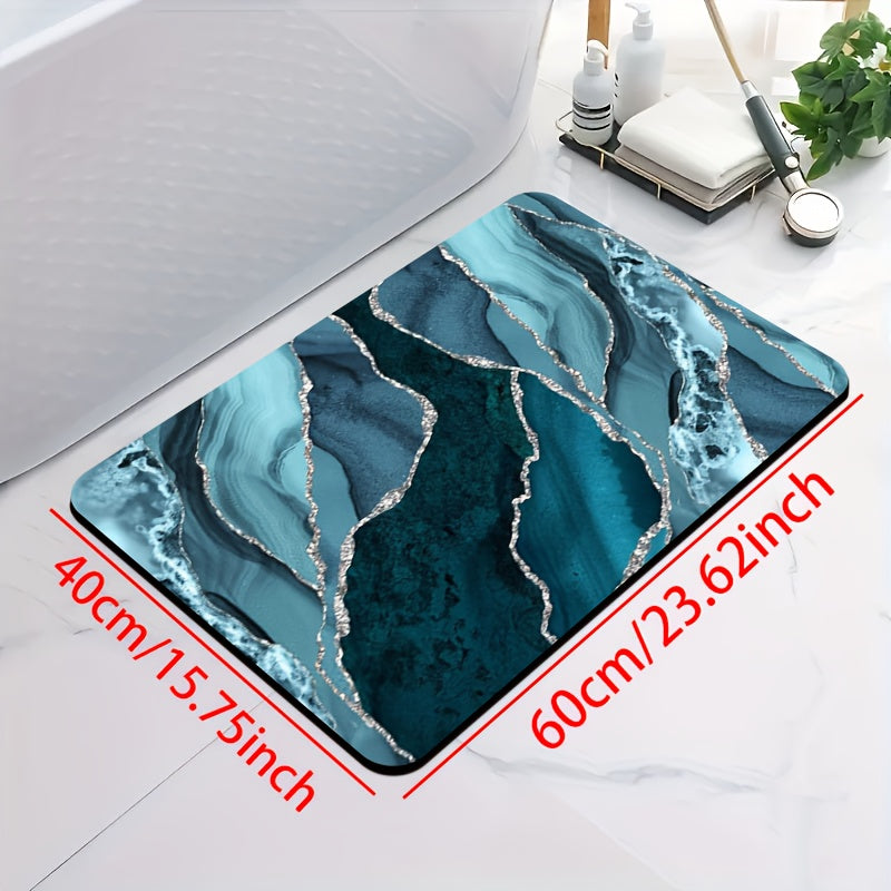 1pc Diatomite Bath Mat with Ocean Blue and Silvery Artistic Pattern Print, Quick-Dry Non-Slip Absorbent Floor Mat – Soft & Comfortable for Bathroom, Shower, Laundry Room, Bedroom, Doorway, RV Kitchen Rug, Bathroom Rugs, Non Slip Bathtub Mat, Bath Matts
