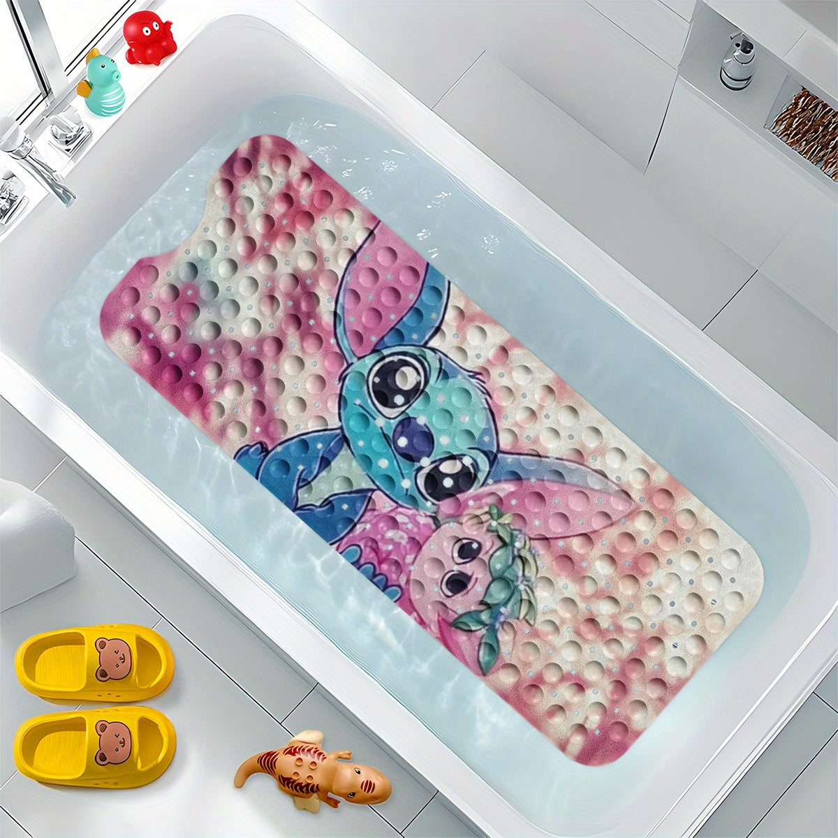 Stitch, Pink and Purple Tone Cartoon Style Bathtub Mat - Non-Slip Bathroom Bath Mats for Shower Floor - 40x100cm / 15.7x39.3in, Extra Long Soft Water-Absorbent Anti-Skid Tub Mat Collection