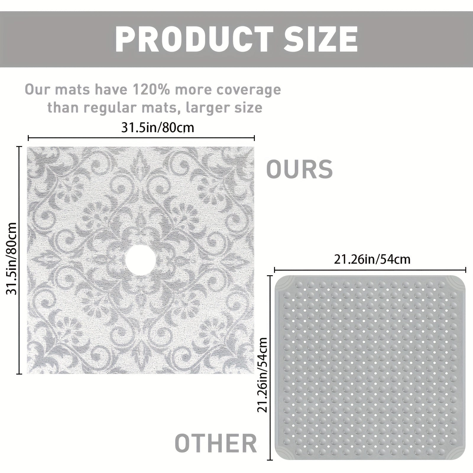 1pc Gray Floral PVC Bath Mat, 23.62*23.62 inches/31.5*31.5 inches, Quick-Dry, Non-Slip Shower Mat with Soft Loofah Sole, Durable, Comfortable and Safe for Bathroom Safety, Bathroom Ma