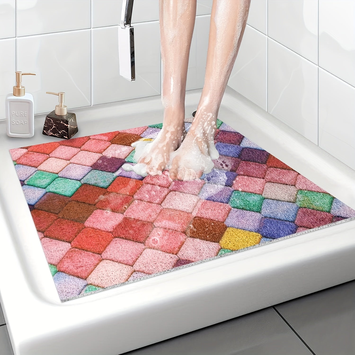 Non-Slip Shower Mat with Drain Holes - Quick-Dry Bath, Anti-Slip Bathroom Floor Mat, Soft Cushioned PVC Bath Mat for Shower, Bathtub, Kitchen - Easy Clean Bathroom Safety Mat, Mosaic Design, Elderly Care