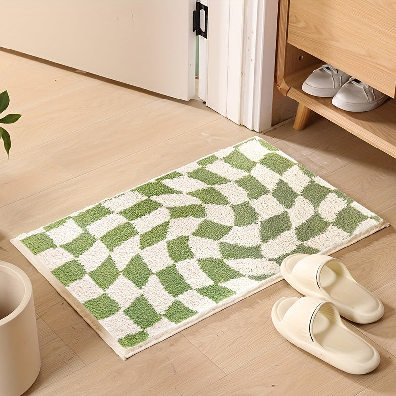 [Non-Slip Bath Rug] Non-Slip, Machine Washable 1pc Checkered Bath Rug | Plush Polyester Bathroom Mat with Black & White Geometric Pattern, 2cm Thick Durable Floor Mat for Shower, Sink & Toilet Areas