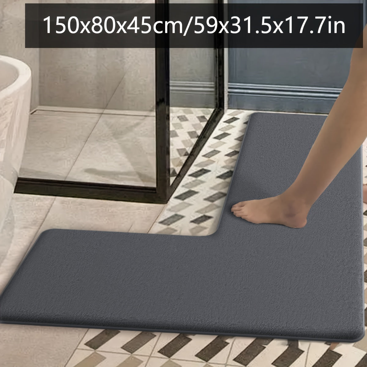 Luxurious Dark Blue Flannel Bath Mat - Absorbent, Non-Slip, L-Shaped Shower Door Mat for Bathroom Safety, Soft and Plush Texture, Perfect for Modern Bathrooms, Bathroom Mat