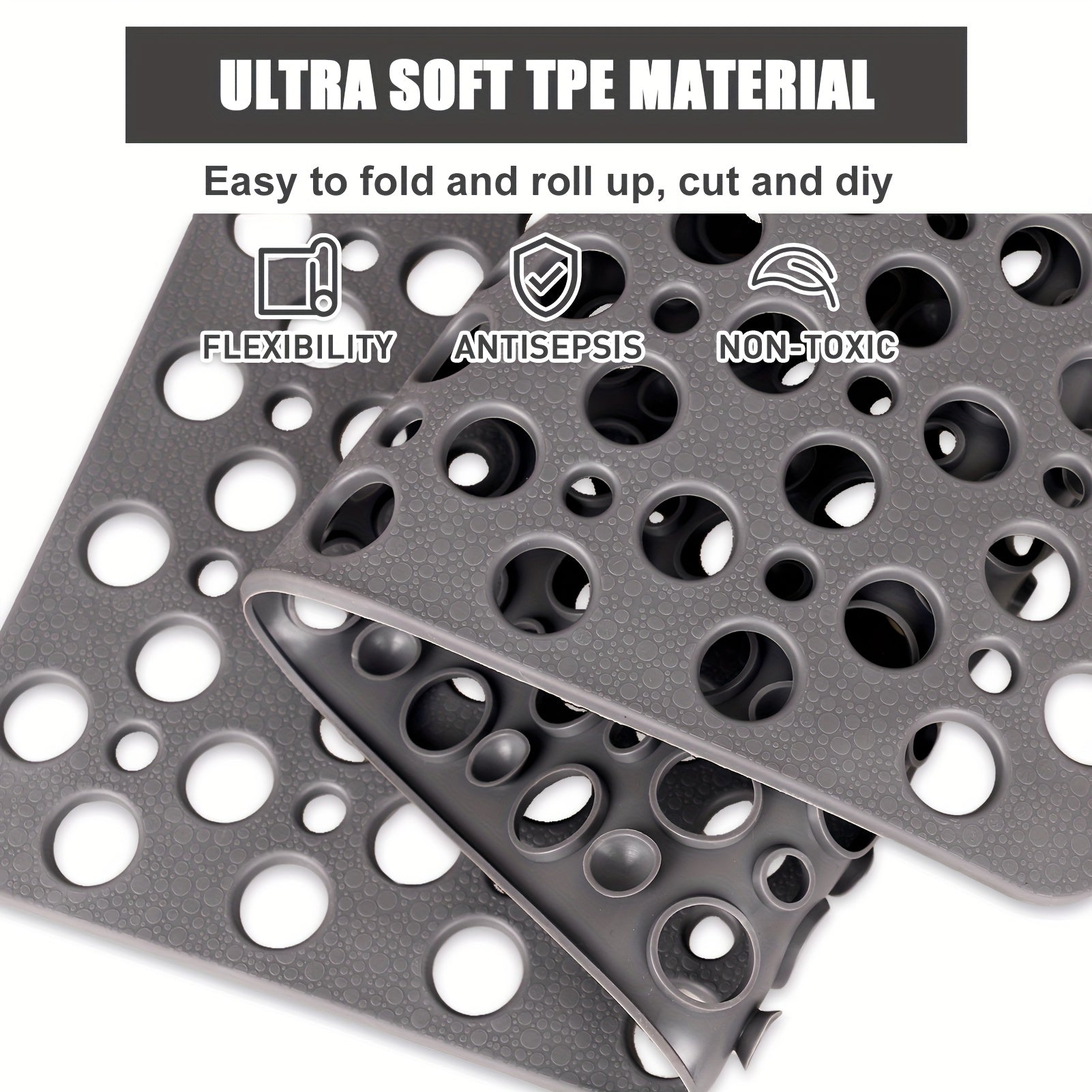 [Non-Slip Shower Mat] Non-Slip Shower Mat, Large | Round Hole Design with Drainage Holes and Strong Suction Cups for Enhanced Grip and Comfort, Machine Washable Bathroom TPE Safety Pad