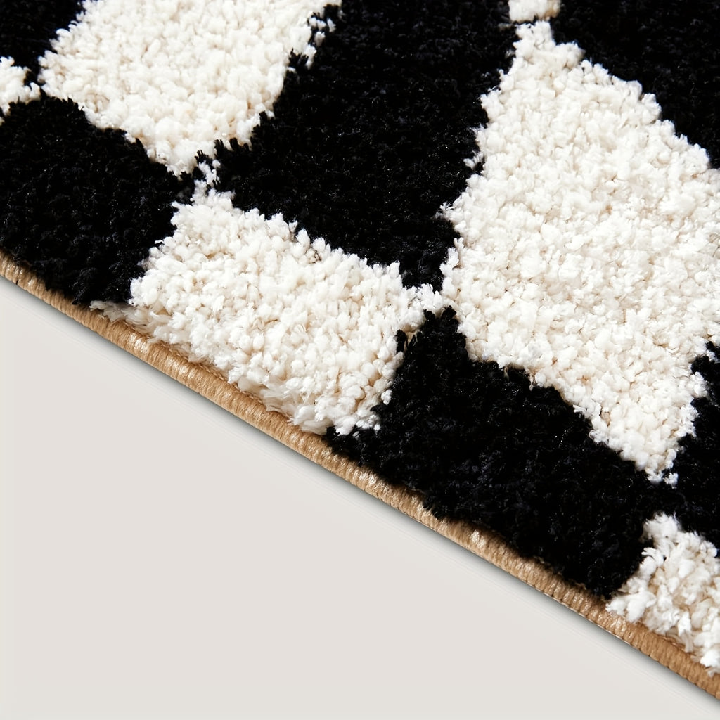 [Non-Slip Bath Rug] Non-Slip, Machine Washable 1pc Checkered Bath Rug | Plush Polyester Bathroom Mat with Black & White Geometric Pattern, 2cm Thick Durable Floor Mat for Shower, Sink & Toilet Areas