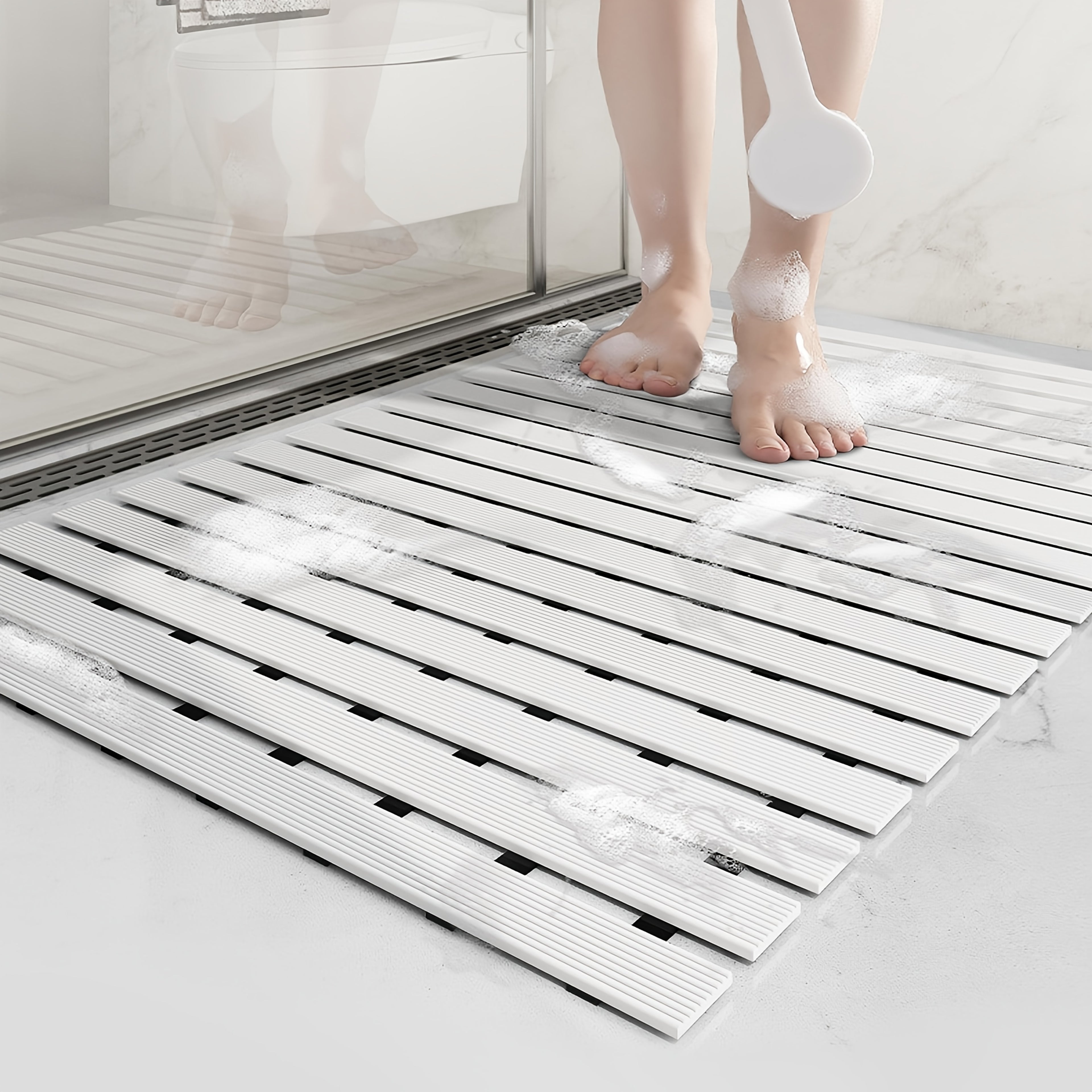 Non-Slip Shower Mat with Suction Cups and Drainage Holes - Quick-Dry Hard Stripe Design | Cut to Any Size 17"x24" (43x60cm) | Suitable for Wet and Slippery Floors in Showers and Bathtubs | Durable White and Gray, Easy-to-Clean Bathroom Mat, Shower Mats