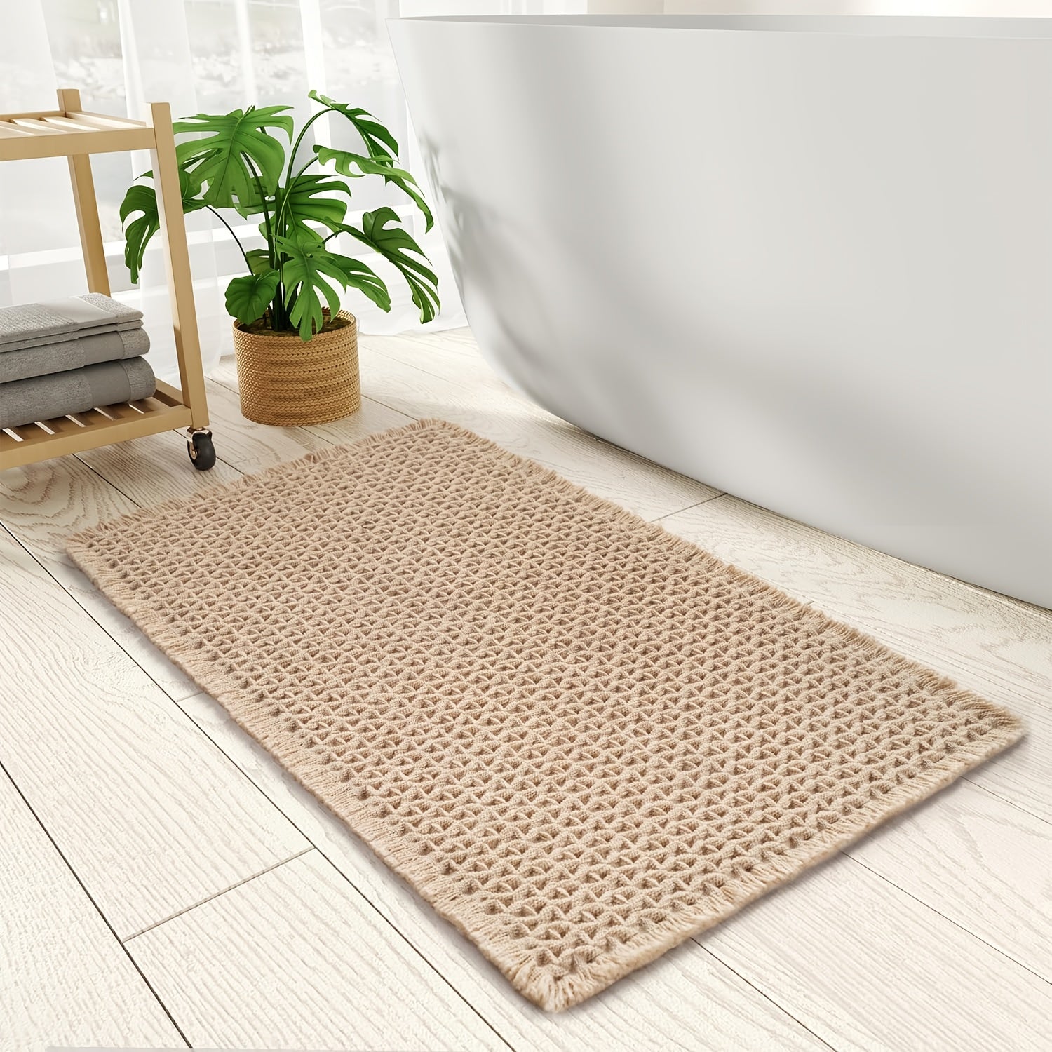 SIXHOME Braided Polyester Bath Mat - Soft, Non-Slip, Ultra-Absorbent, Machine Washable, Rectangular Bathroom Mat with Geometric Pattern, Light Brown, Bathroom Floor Mat|Geometric Pattern Mat|Soft Texture Mat, Bathroom Mat