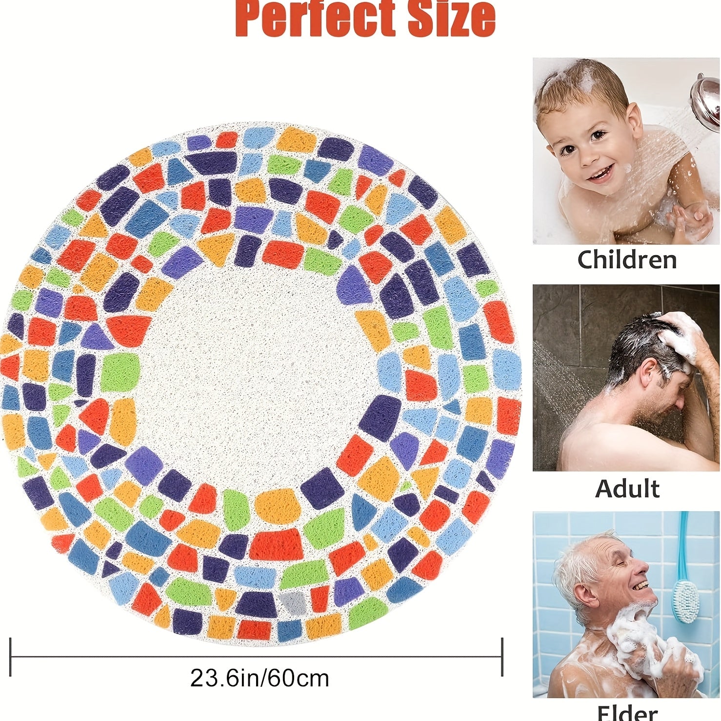 Non-Slip Shower Mat with Drain Holes - Quick-Dry Bath, Anti-Slip Bathroom Floor Mat, Soft Cushioned PVC Bath Mat for Shower, Bathtub, Kitchen - Easy Clean Bathroom Safety Mat, Mosaic Design, Elderly Care