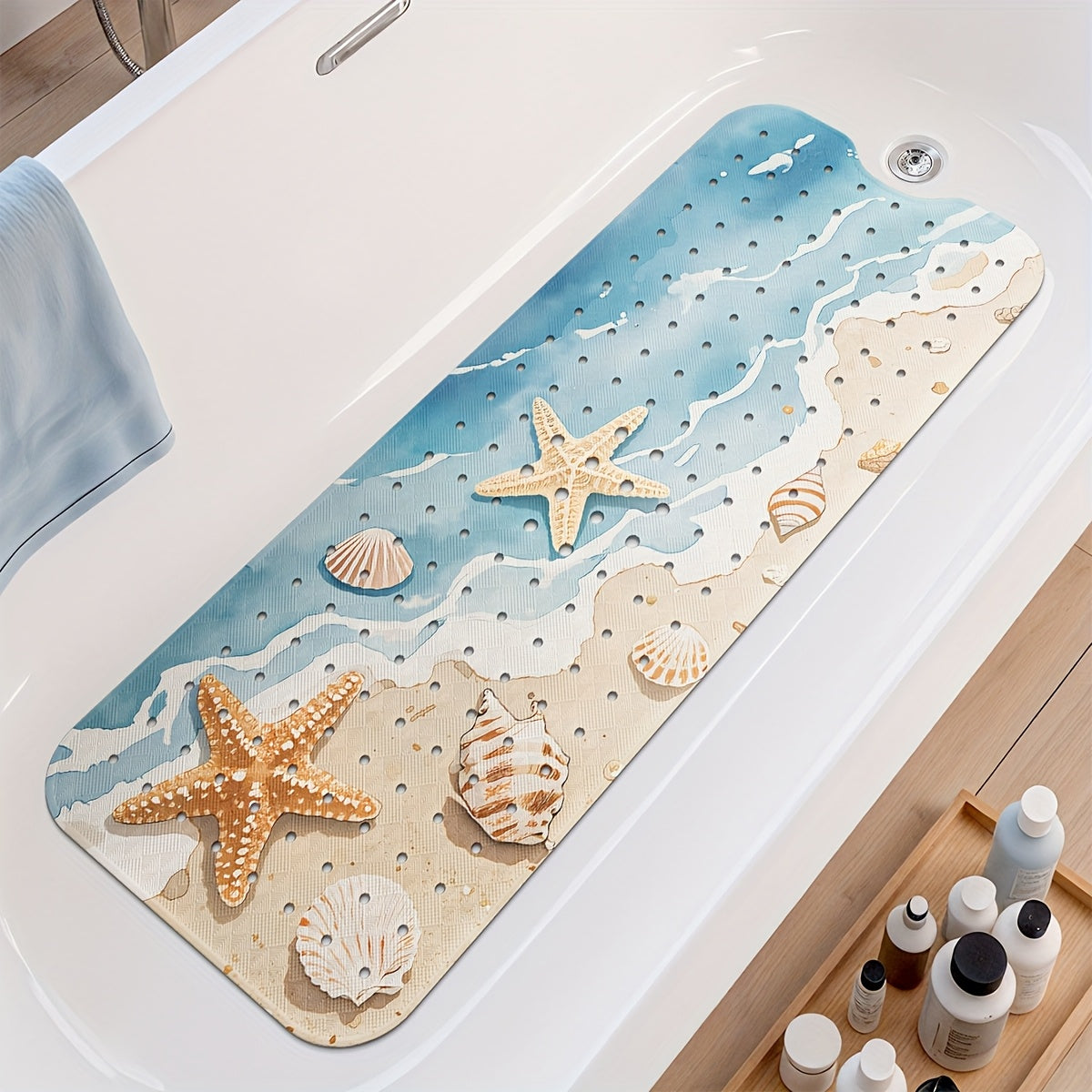 1pc DAJIANG Beach Starfish Print Non-Slip Shower Mat - PVC Bath Mat with Ocean Waves & Seashells Design, Blue & White, Perfect for Bathroom, Bathtub, and Shower Safety, Bathtub Mat