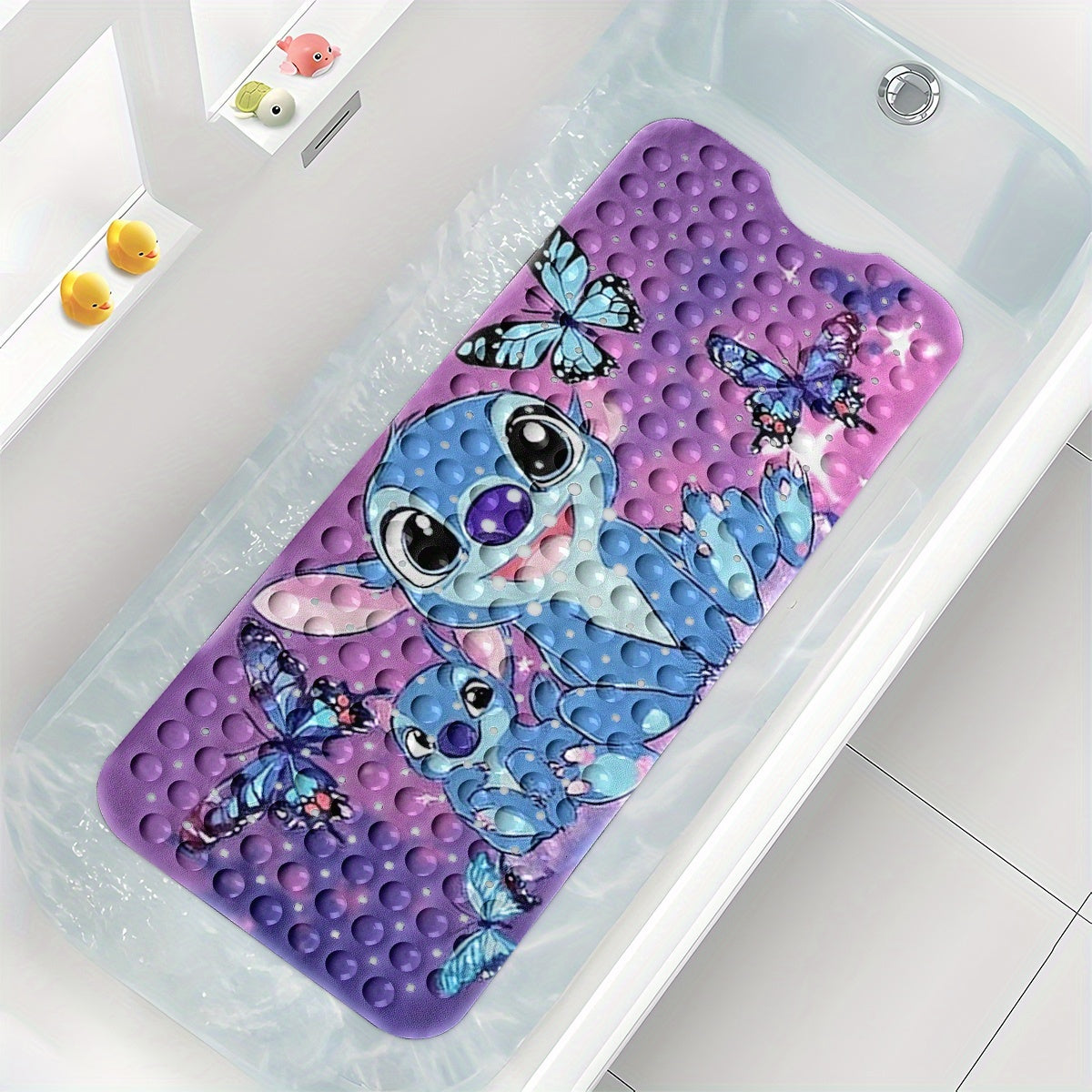 Disney Stitch, Purple Blue Black Pink Butterfly Gradient Background Cartoon Style Bathtub Mat - Non-Slip Bathroom Bath Mats for Shower Floor, 40x100cm / 15.7x39.3in, Comfortable Soft Water-Absorbent Anti-Slip Bath Mat