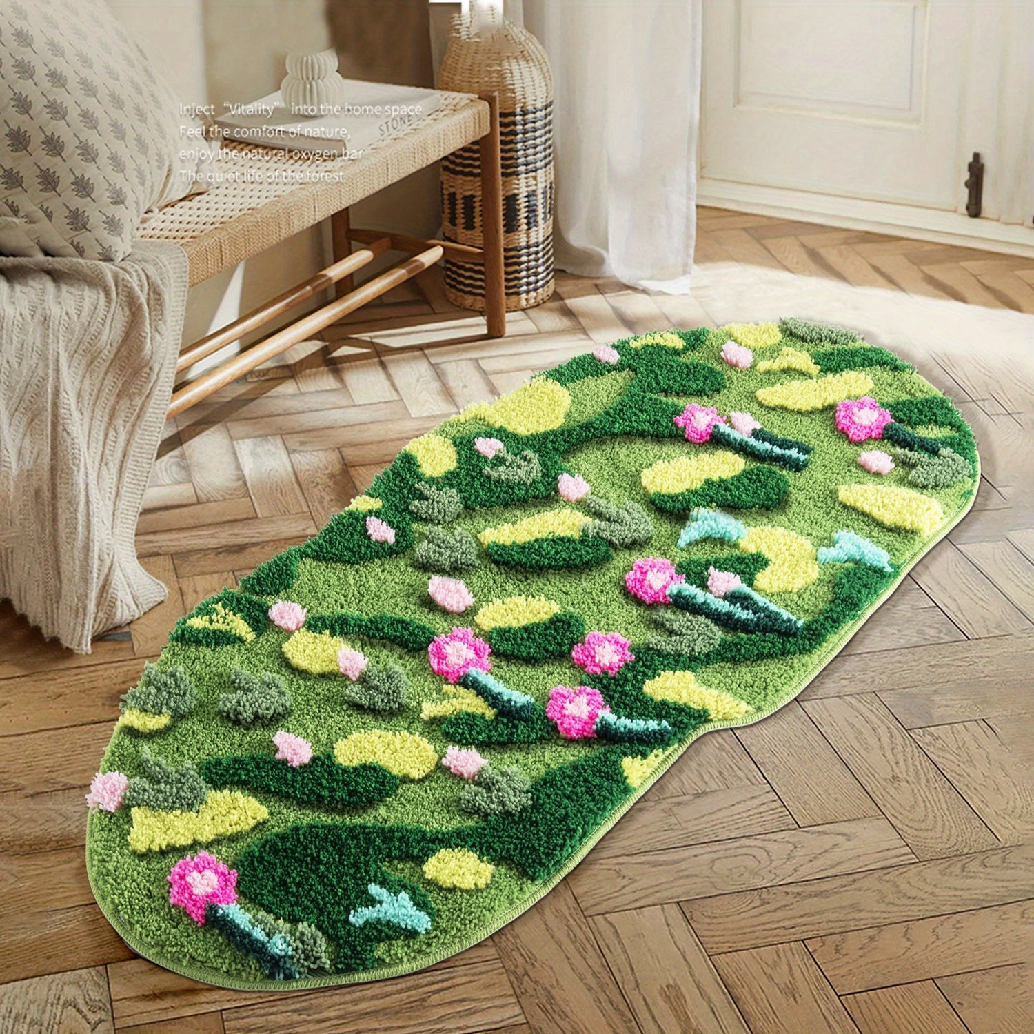 Green Moss Bathroom Rugs Bath Mat Non Slip, Ultra Soft Absorbent Aesthetic Decor Shaggy Tufted Flower Long Bath Rugs For Bathroom Floor, Shower, Bedroom, Machine Washable Dry