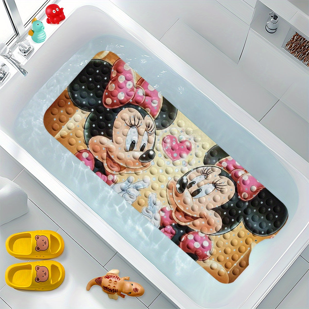 Disney'S Minnie Mouse Bath Mat Features Pink Love Hearts And Bubbles, Set Against a Warm-Colored Background in a Cartoon Style. This Non-Slip Mat Measures 40*100Cm (15.7*39.3 Inches) And Provides a Comfortable, Water-Absorbent Surface for Your Bathroom.