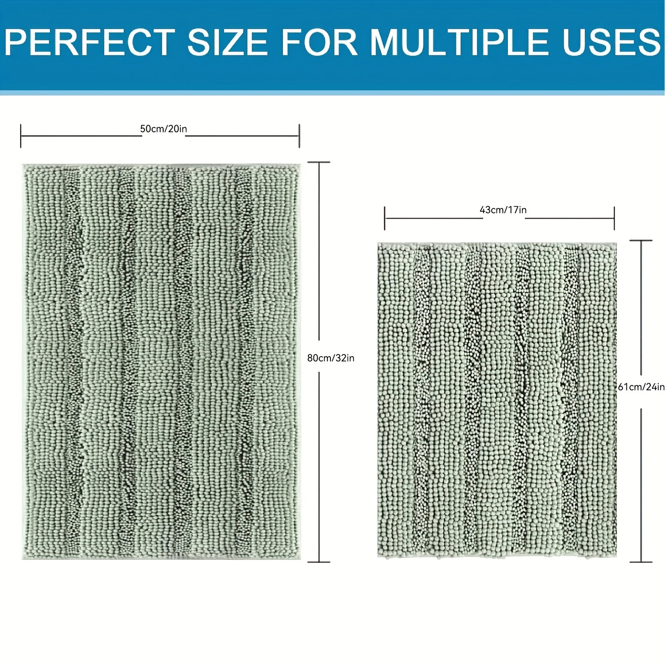 [Extra Thick, Bathroom Rugs] AIERJIA Extra Thick Chenille Bathroom Rugs Set Of 2 | Non-Skid Shaggy Striped Pattern Bath Mats For Bathroom Floor (32 X 20 Plus 24 X 17 - Inches)