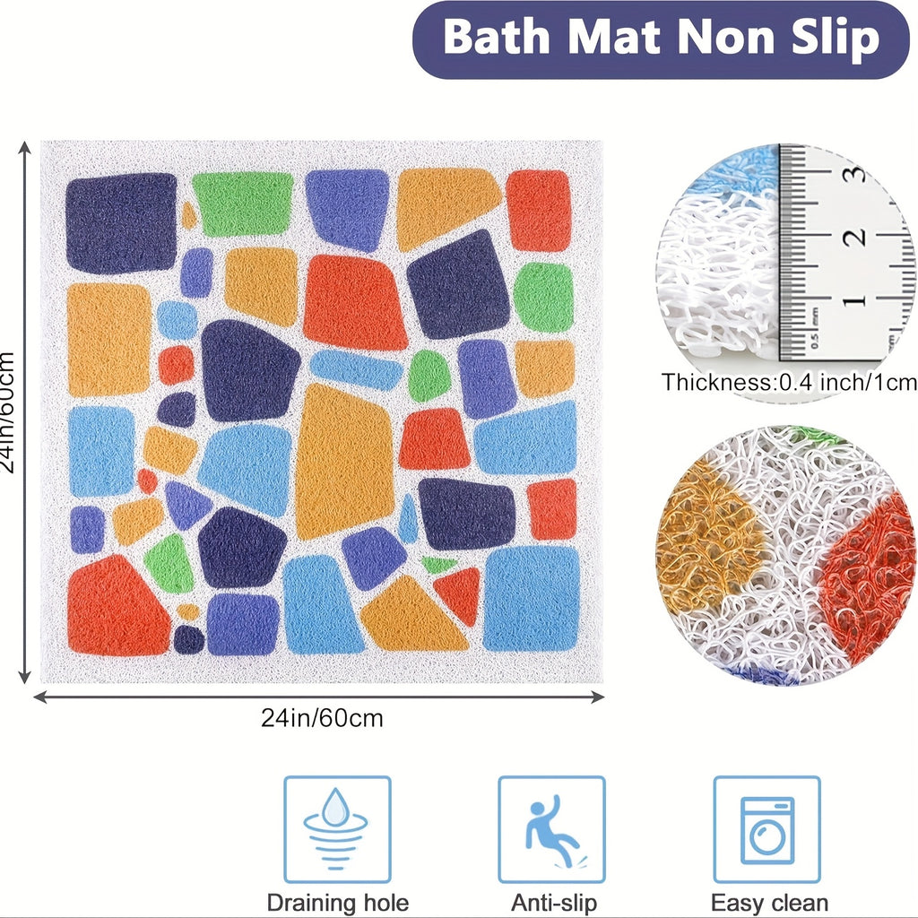 Non-Slip Shower Mat with Drain Holes - Quick-Dry Bath, Anti-Slip Bathroom Floor Mat, Soft Cushioned PVC Bath Mat for Shower, Bathtub, Kitchen - Easy Clean Bathroom Safety Mat, Mosaic Design, Elderly Care