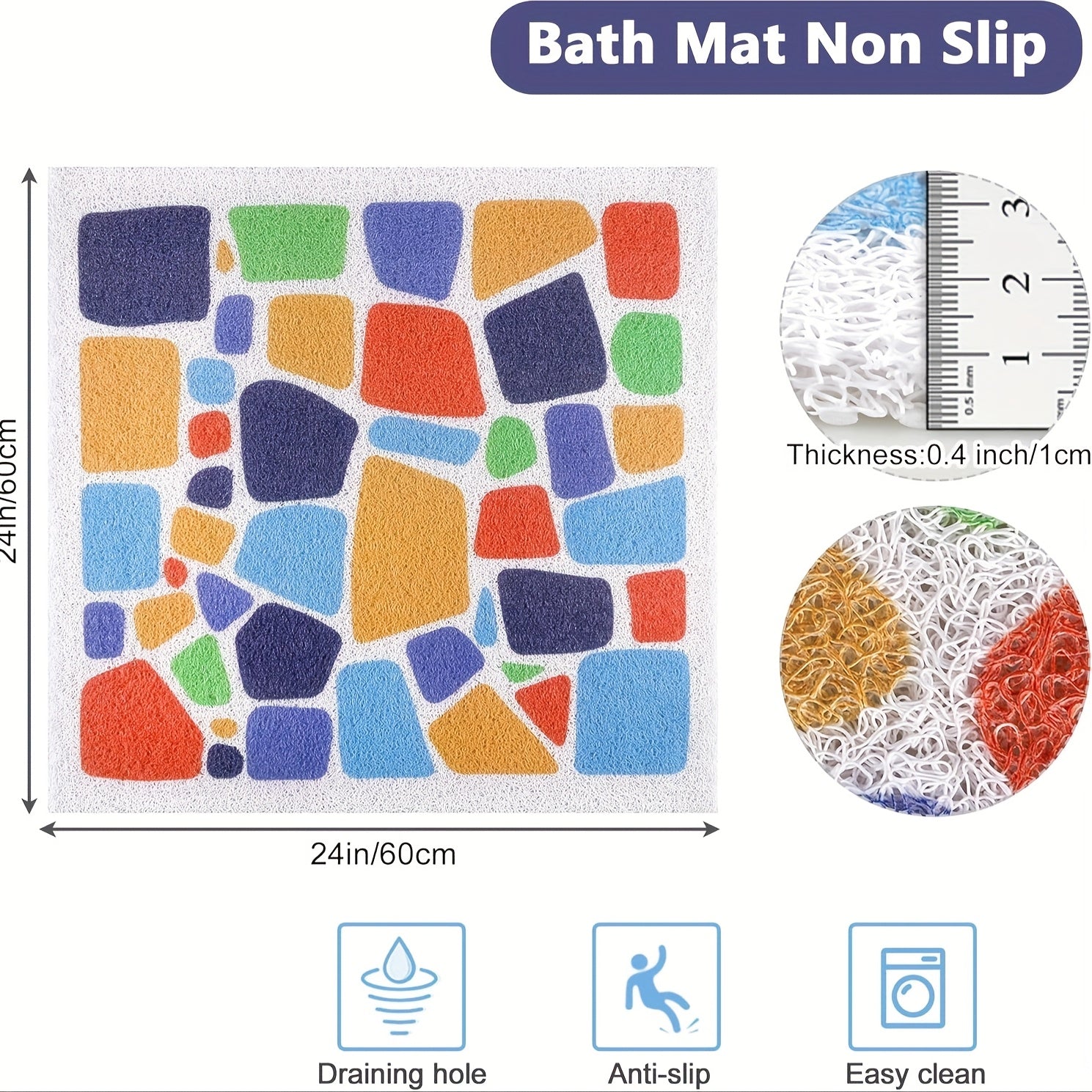 Non-Slip Shower Mat with Drain Holes - Quick-Dry Bath, Anti-Slip Bathroom Floor Mat, Soft Cushioned PVC Bath Mat for Shower, Bathtub, Kitchen - Easy Clean Bathroom Safety Mat, Mosaic Design, Elderly Care