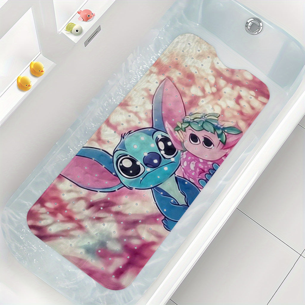 Stitch, Pink and Purple Tone Cartoon Style Bathtub Mat - Non-Slip Bathroom Bath Mats for Shower Floor - 40x100cm / 15.7x39.3in, Extra Long Soft Water-Absorbent Anti-Skid Tub Mat Collection