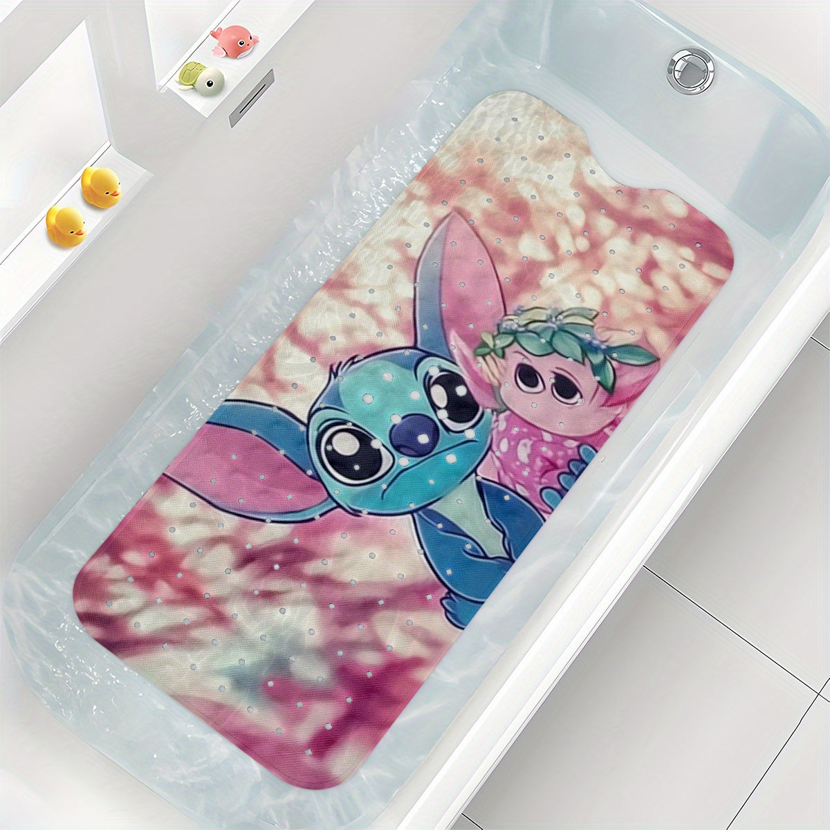 Stitch, Pink and Purple Tone Cartoon Style Bathtub Mat - Non-Slip Bathroom Bath Mats for Shower Floor - 40x100cm / 15.7x39.3in, Extra Long Soft Water-Absorbent Anti-Skid Tub Mat Collection