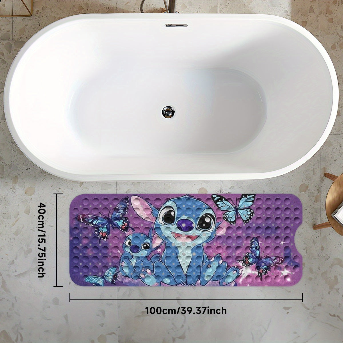 Disney Stitch, Purple Blue Black Pink Butterfly Gradient Background Cartoon Style Bathtub Mat - Non-Slip Bathroom Bath Mats for Shower Floor, 40x100cm / 15.7x39.3in, Comfortable Soft Water-Absorbent Anti-Slip Bath Mat